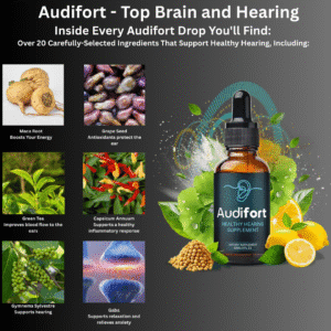 “Audifort brain and hearing support supplement bottle with natural ingredients and cognitive health benefits.”