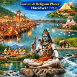 Tourism and Religious Places Haridwar Part 2 collage featuring Har Ki Pauri Ganga Aarti, temples, Lord Shiva statue, Ganga river and spiritual atmosphere.