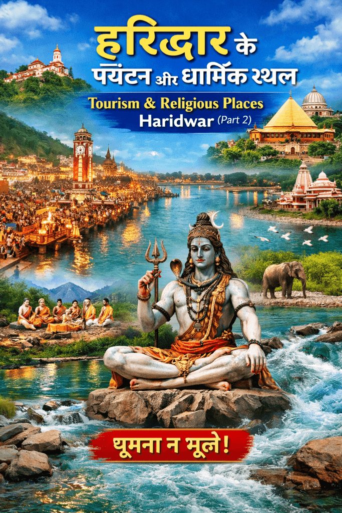 Tourism and Religious Places Haridwar Part 2 collage featuring Har Ki Pauri Ganga Aarti, temples, Lord Shiva statue, Ganga river and spiritual atmosphere.