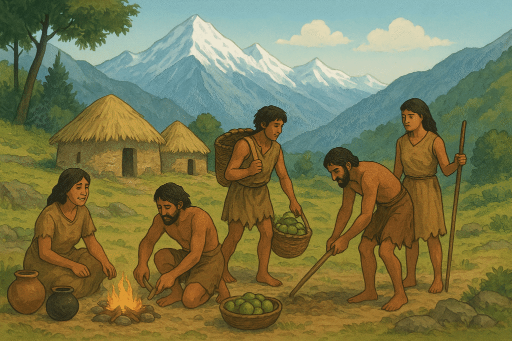 "Prehistoric Uttarakhand people living in Himalayan mountains, farming, gathering food and making fire near thatched huts during the Metahistoric Period."
