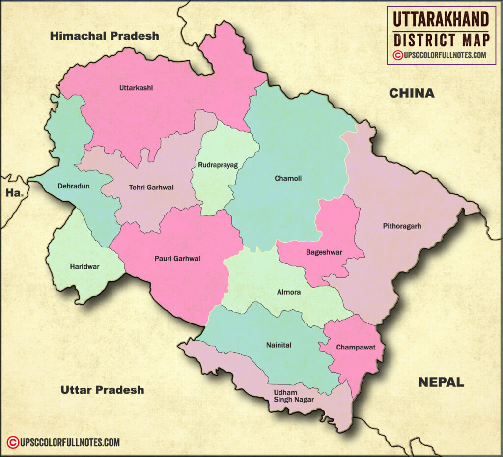 Uttarakhand map showing districts, major cities and geographical boundaries of Devbhoomi