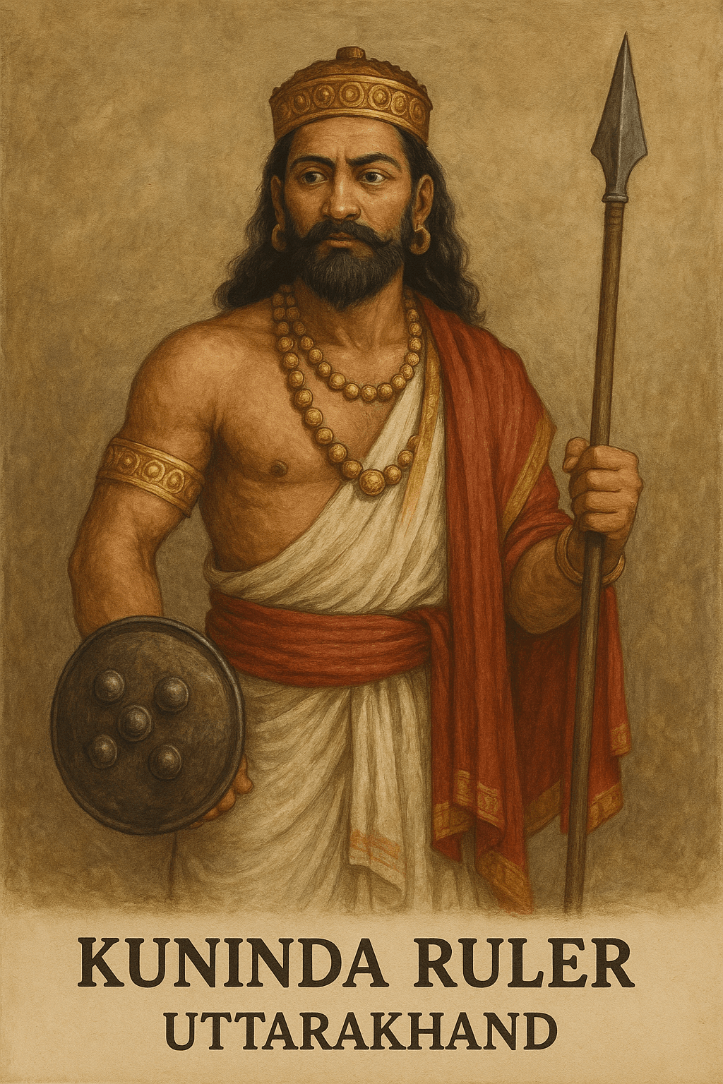 “Illustration of an ancient Kuninda ruler from Uttarakhand wearing gold ornaments, white dhoti, red shawl, and holding a spear and shield.”