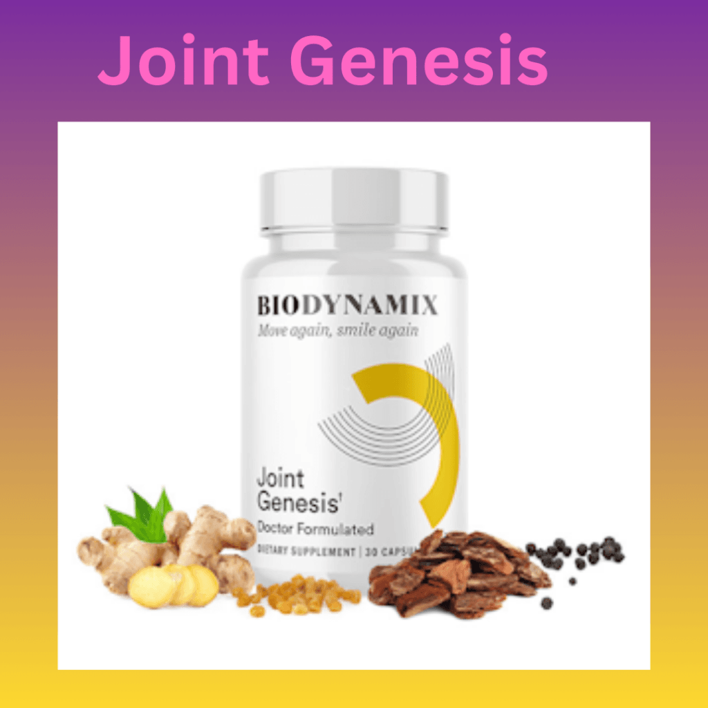 “Joint Genesis dietary supplement bottle for joint health, featuring Hyaluronic Acid and natural herbal ingredients for better flexibility and mobility.”