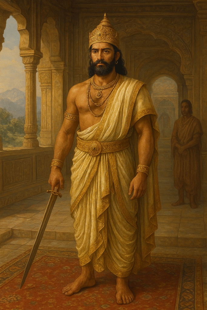 “Ancient Karthikeyapur Dynasty ruler wearing a golden crown and traditional attire, standing in a stone palace holding a sword.”