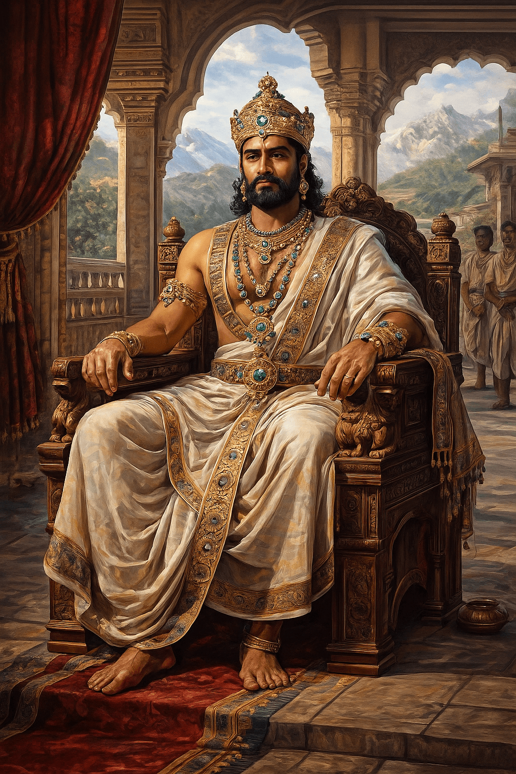 “Illustration of an ancient Kuninda ruler from Uttarakhand wearing gold ornaments, white dhoti, red shawl, and holding a spear and shield.”