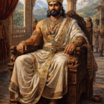 “Illustration of an ancient Kuninda ruler from Uttarakhand wearing gold ornaments, white dhoti, red shawl, and holding a spear and shield.”