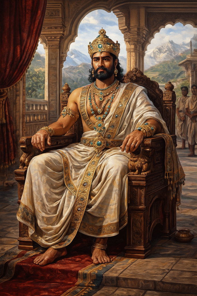 “Illustration of an ancient Kuninda ruler from Uttarakhand wearing gold ornaments, white dhoti, red shawl, and holding a spear and shield.”