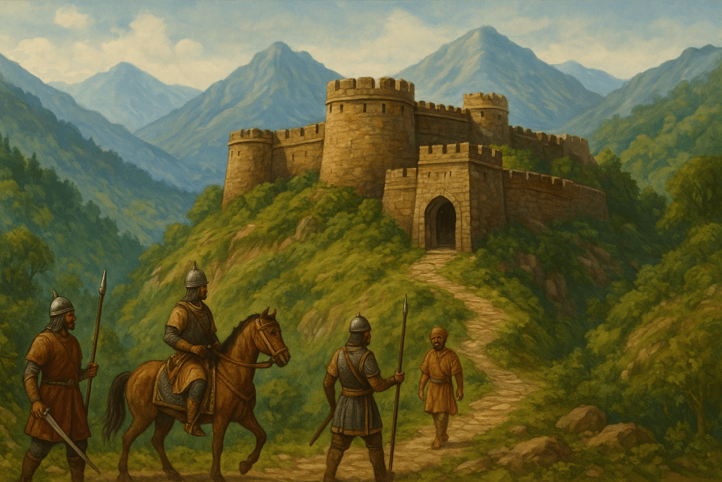 “Medieval period Uttarakhand fort on a hill with warriors and stone architecture surrounded by mountains.”