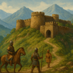 “Medieval period Uttarakhand fort on a hill with warriors and stone architecture surrounded by mountains.”