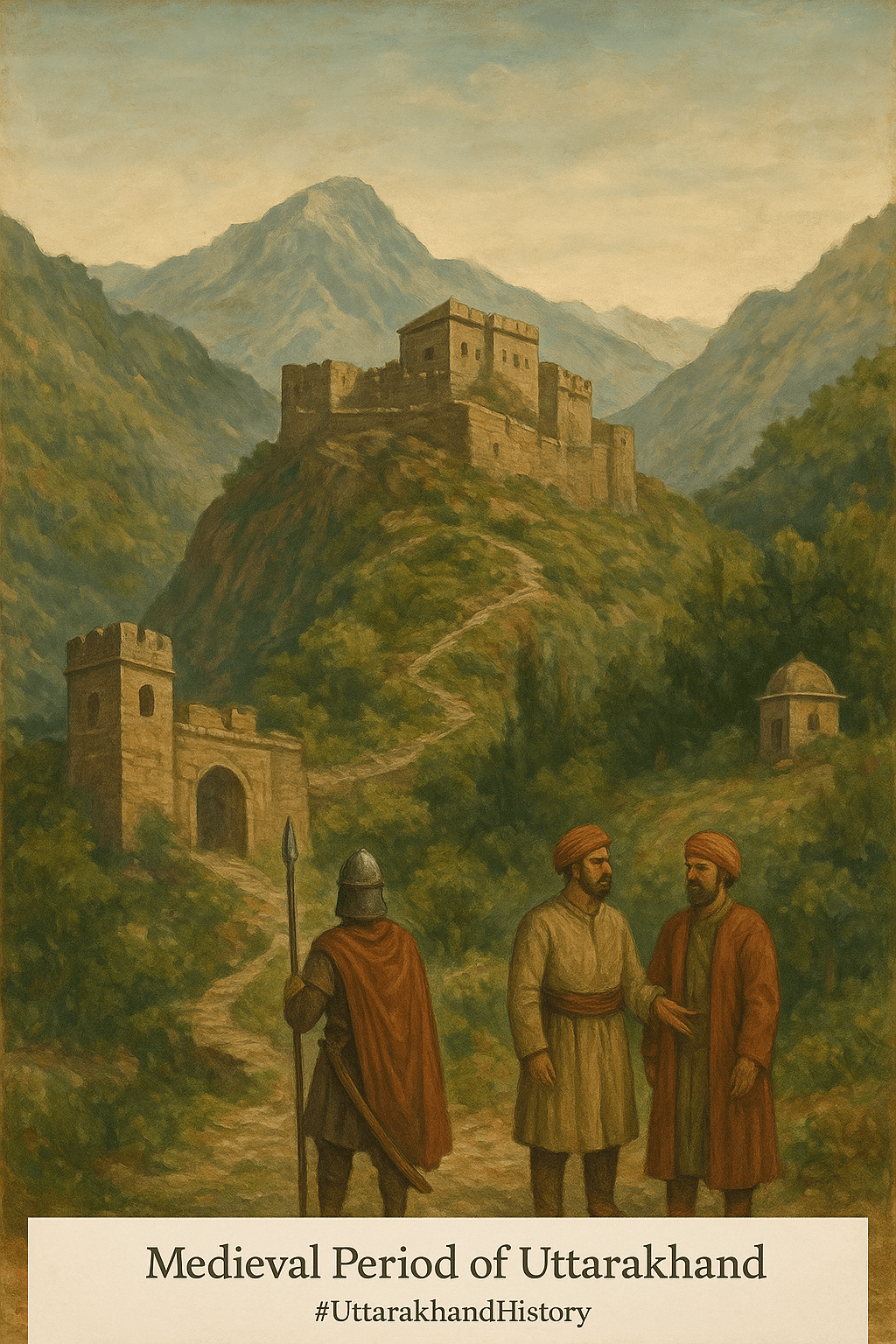 “Medieval period Uttarakhand fort on a hill with warriors and stone architecture surrounded by mountains.”