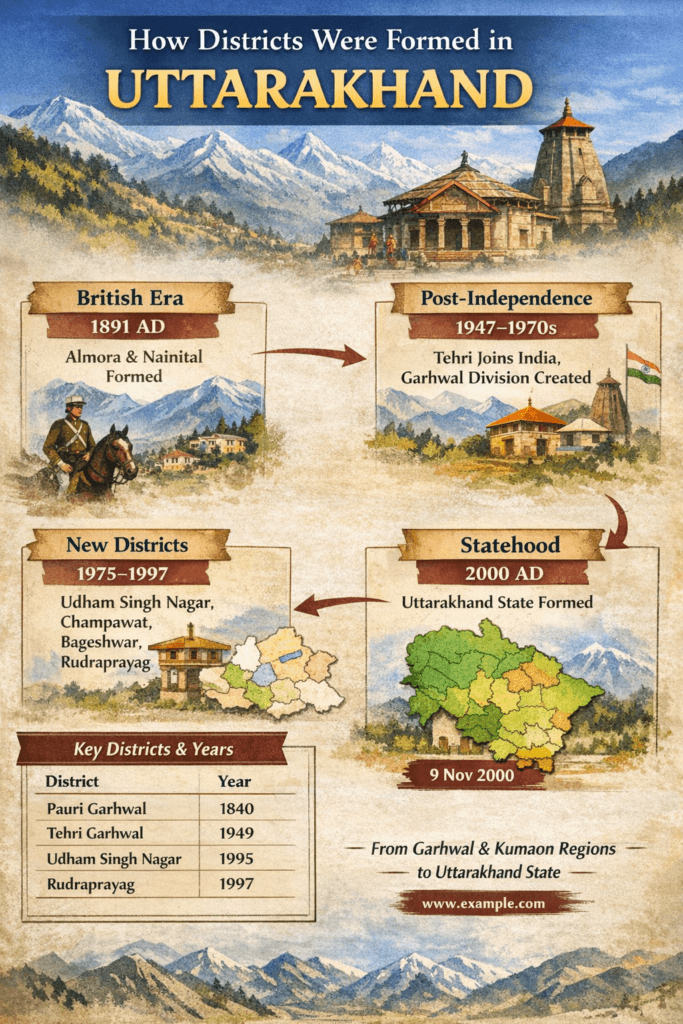 How districts were formed in Uttarakhand from British period to statehood in 2000