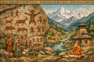 Cultural art of Uttarakhand showing ancient rock paintings and Garhwal miniature art