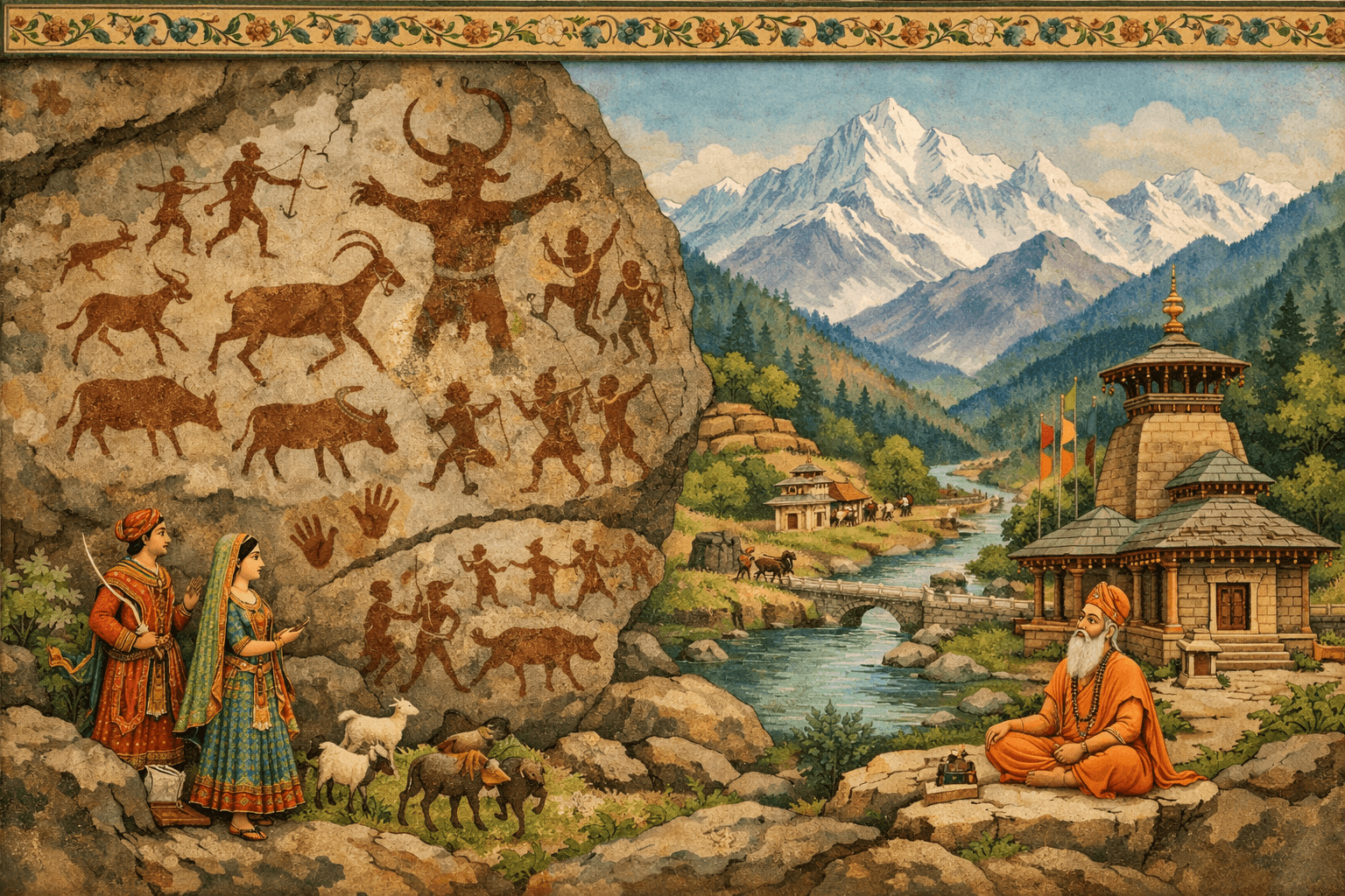 Cultural art of Uttarakhand showing ancient rock paintings and Garhwal miniature art