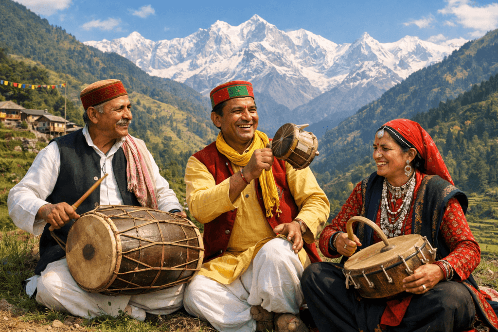 Uttarakhand folk singers performing traditional music with dhol and hudka