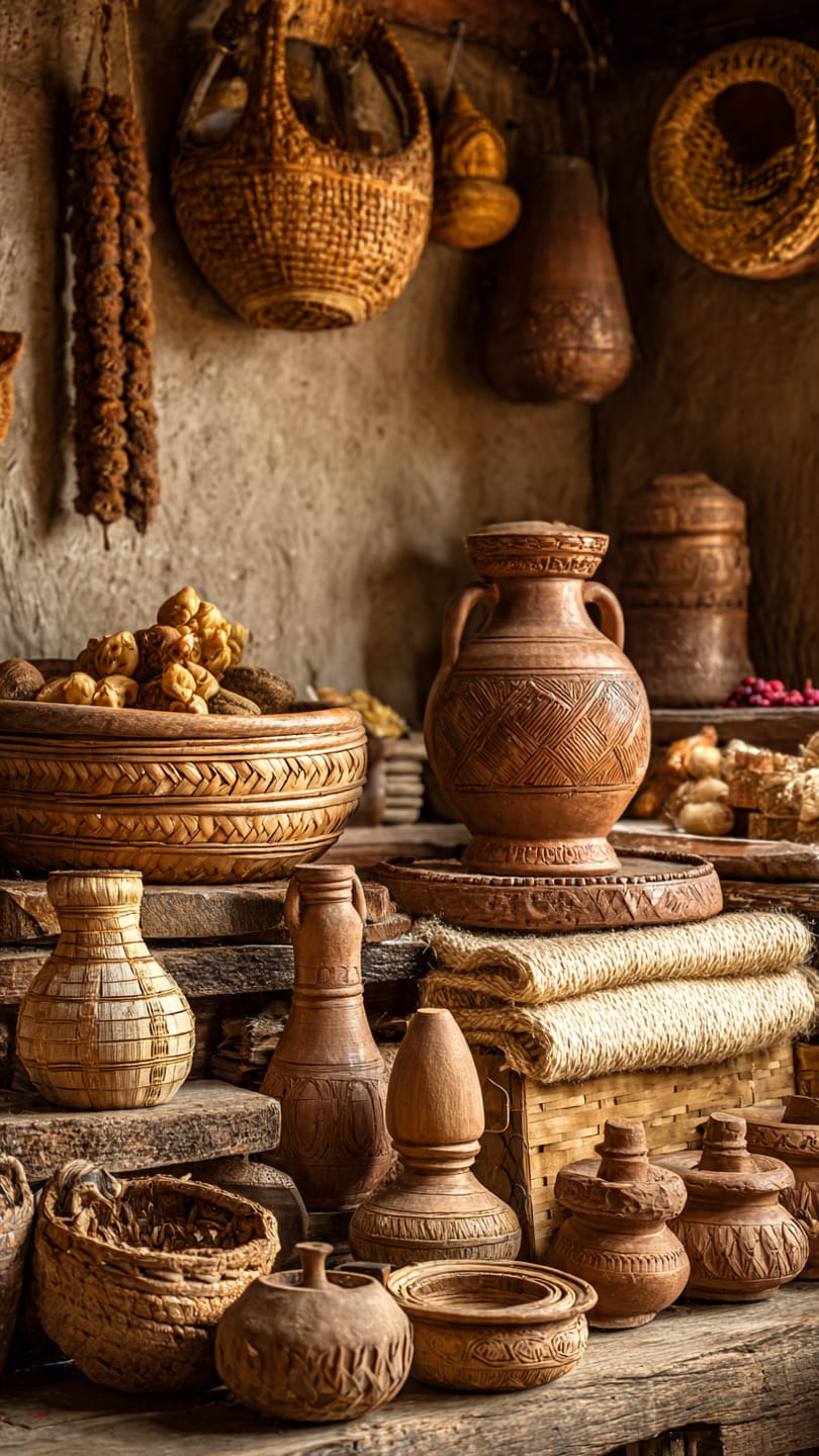 Uttarakhand craft art showing traditional wood, bamboo, ringal, clay, metal and wool handicrafts