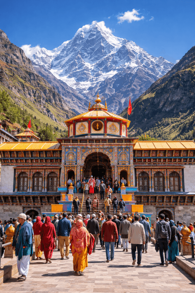 Badrinath Temple with Neelkanth mountain in Chamoli