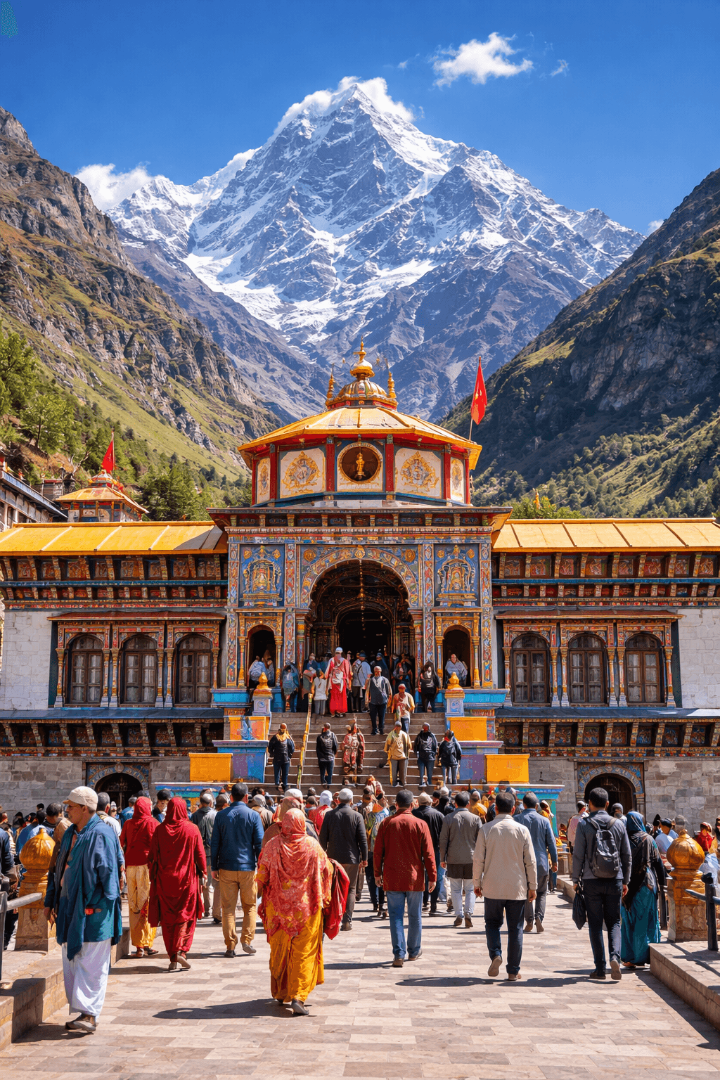Badrinath Temple with Neelkanth mountain in Chamoli