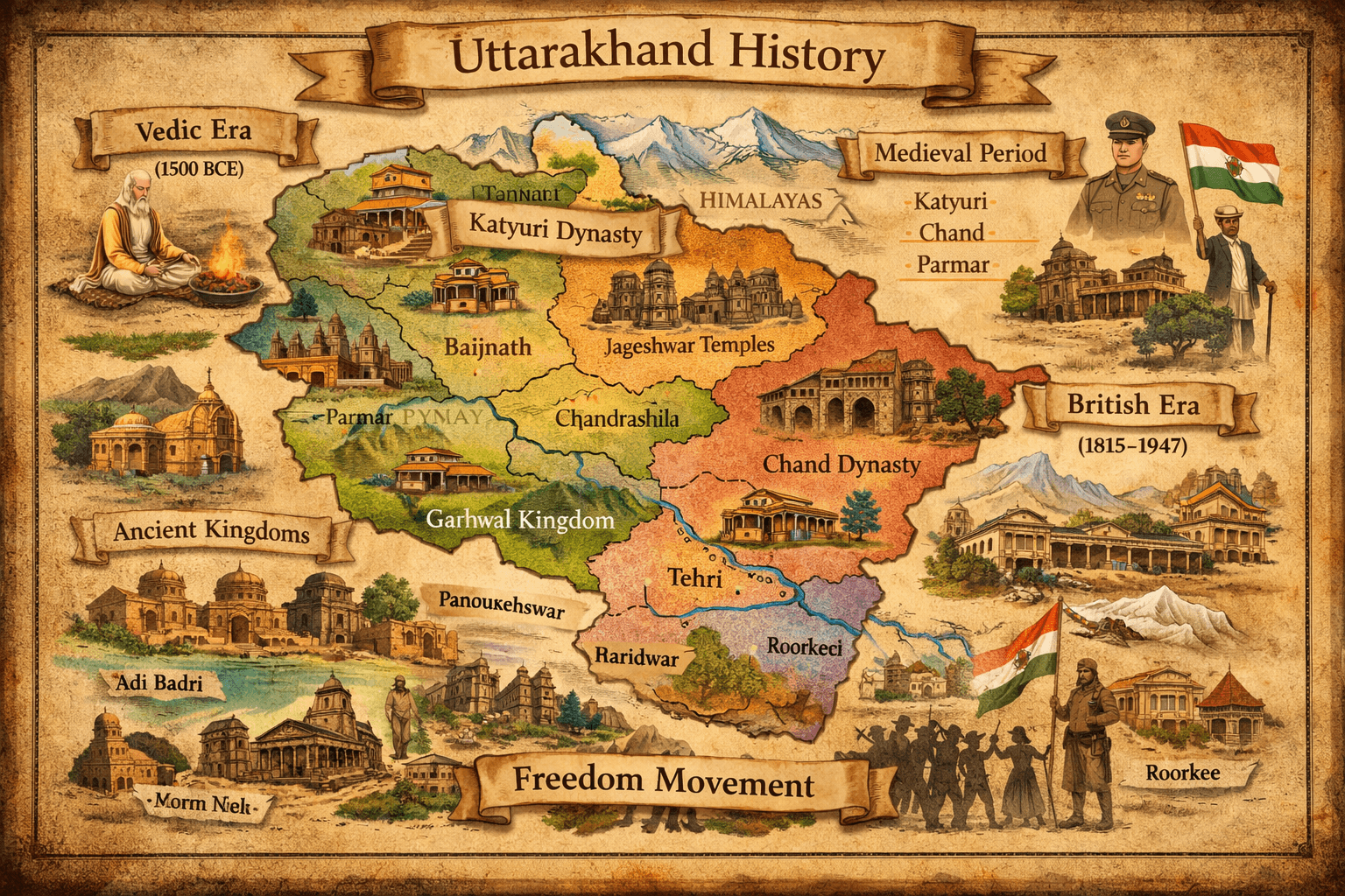 Uttarakhand history themed contact form image showing district map, Kedarnath Badrinath temples and Himalayan landscape