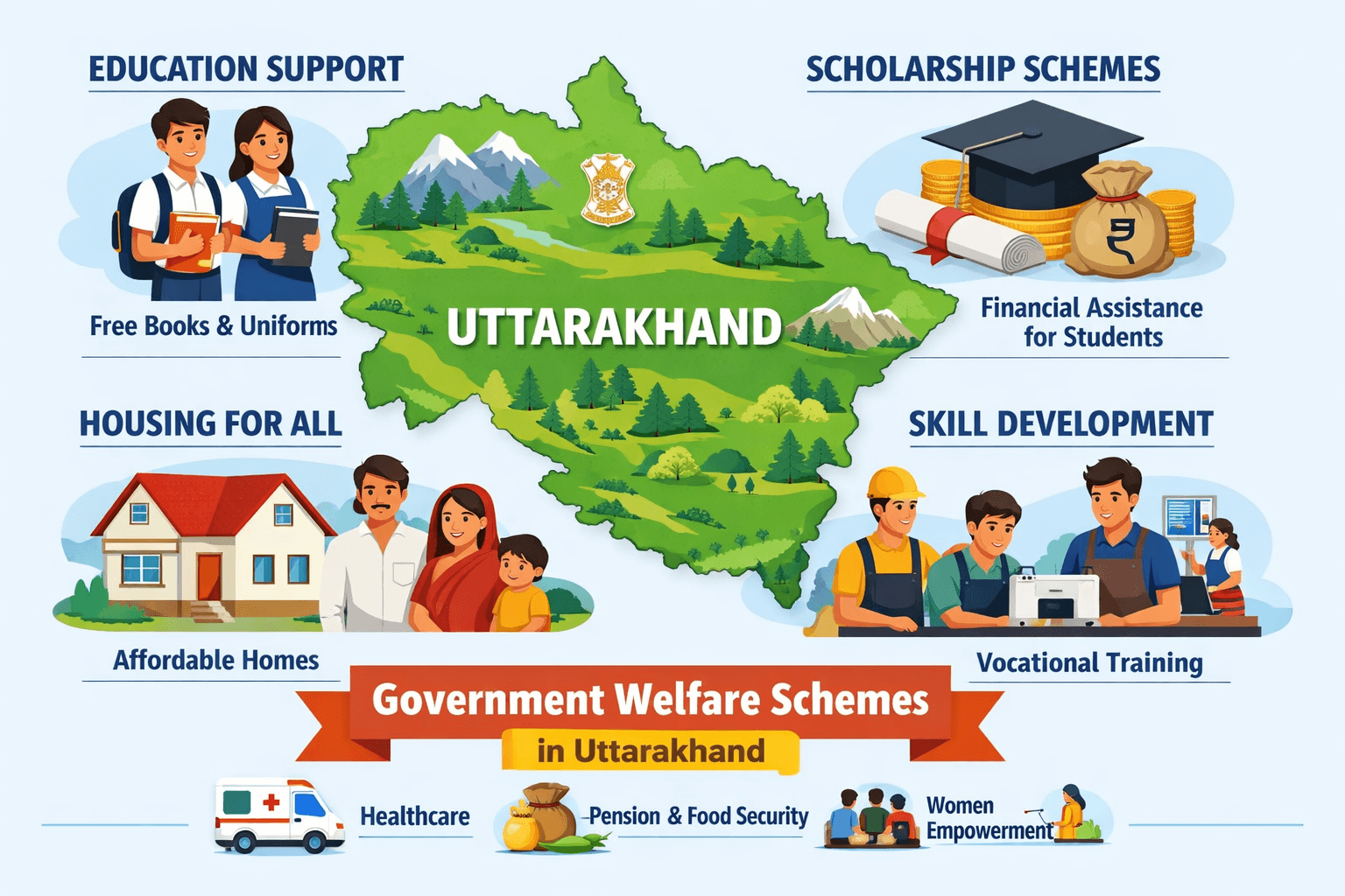 Uttarakhand government welfare schemes infographic with students housing scholarship and training support