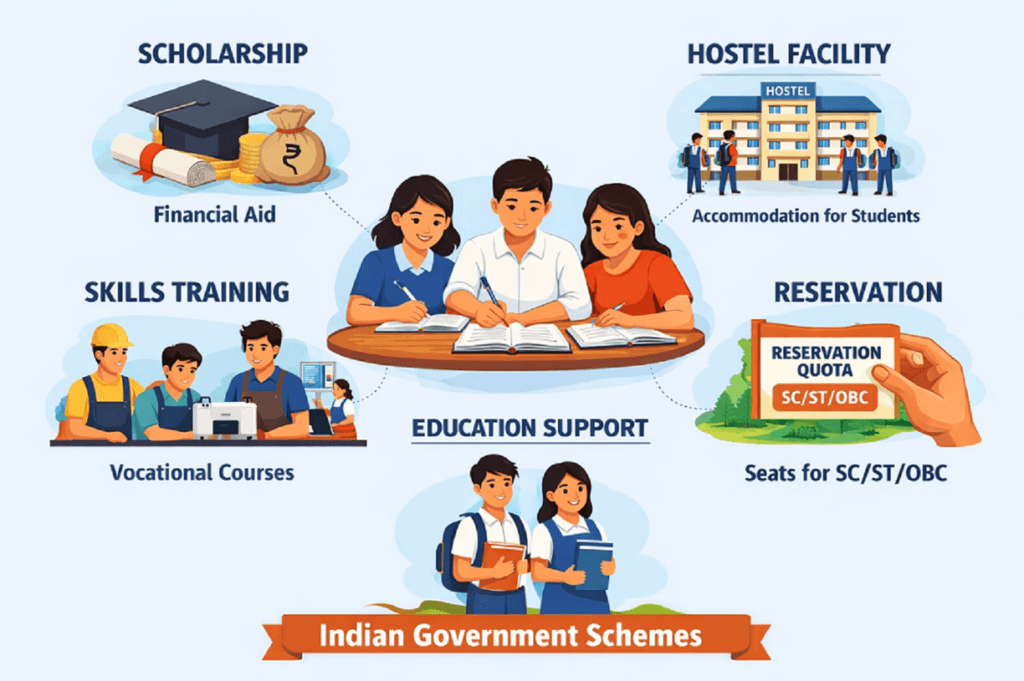 indian student welfare schemes scholarship hostel training reservation education support infographic