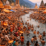 Kumbh mela crowd bathing in Ganga river at Haridwar