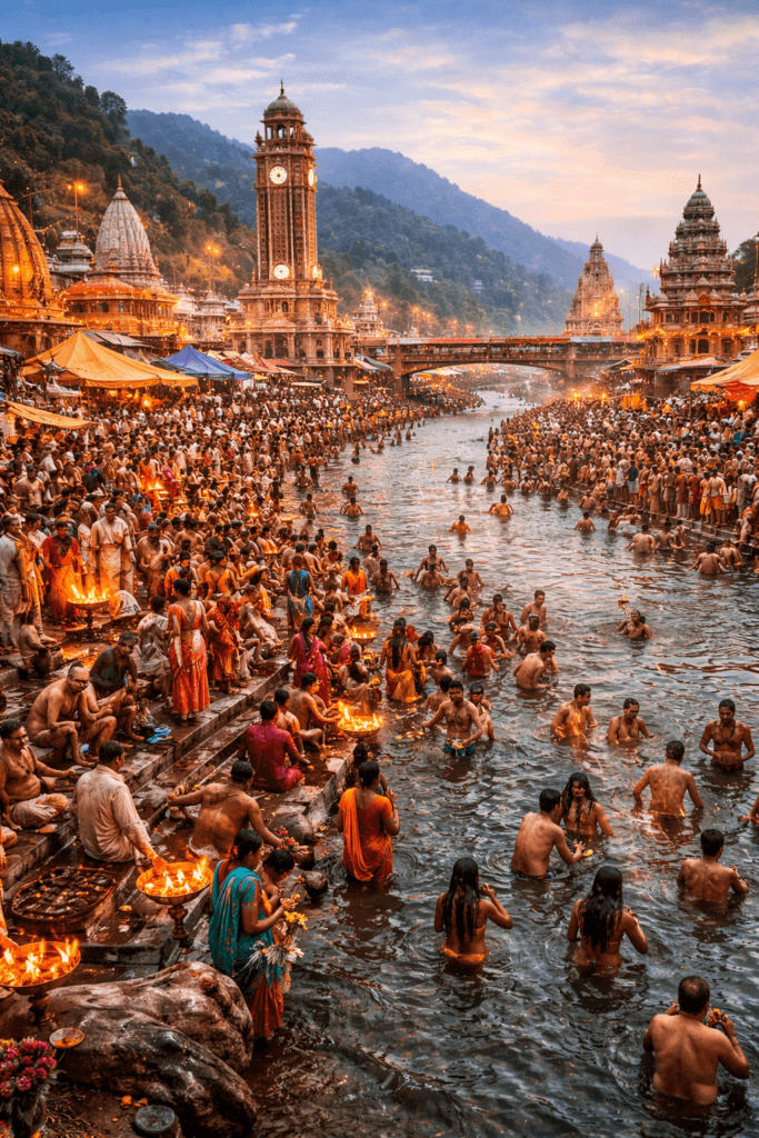 Kumbh mela crowd bathing in Ganga river at Haridwar