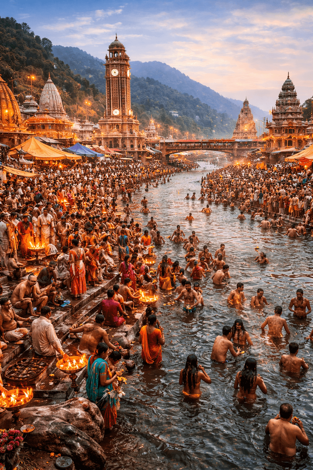 Kumbh mela crowd bathing in Ganga river at Haridwar
