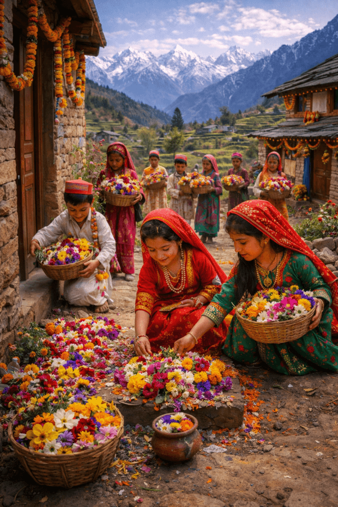 Children celebrating Phuldei festival with flowers in Uttarakhand