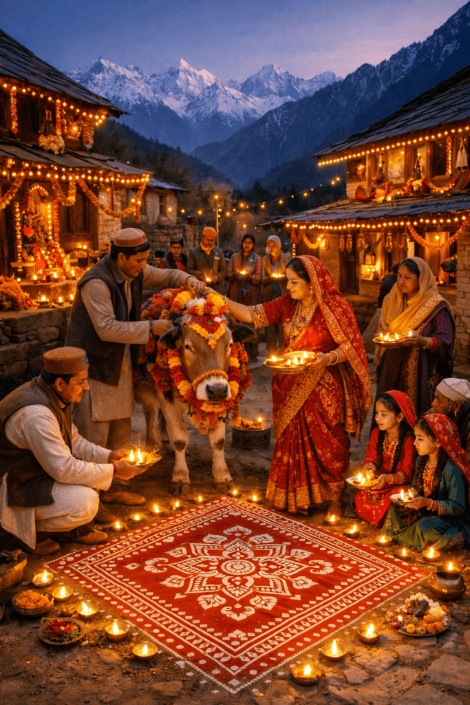 Diwali Bagwal festival celebration in Uttarakhand village with traditional decorations