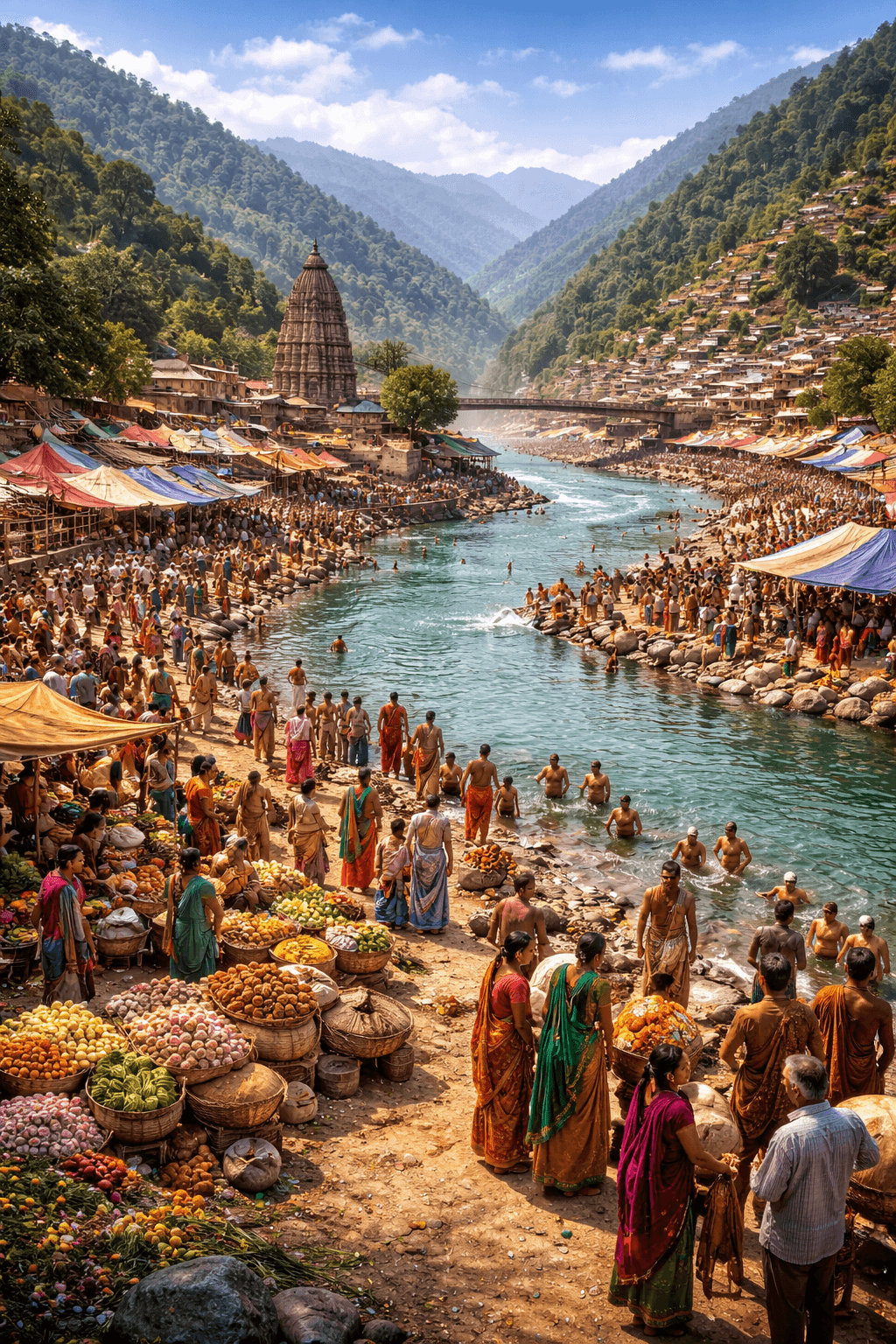 Uttarayani fair at Bageshwar near Saryu river with crowd and market