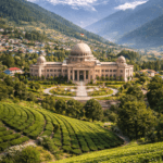 Gairsain assembly building with green hills, tea gardens, and Himalayan mountains under a clear sky
