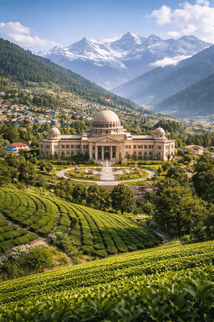 Gairsain assembly building with green hills, tea gardens, and Himalayan mountains under a clear sky