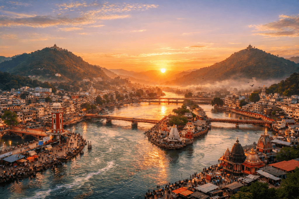 Panoramic view of Haridwar city with Ganga river flowing between Bilwa and Neel hills during sunrise