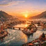 Panoramic view of Haridwar city with Ganga river flowing between Bilwa and Neel hills during sunrise