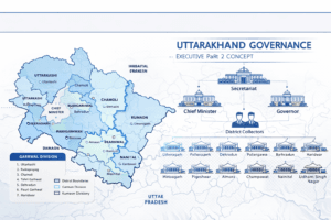 Uttarakhand governance infographic showing executive structure and districts