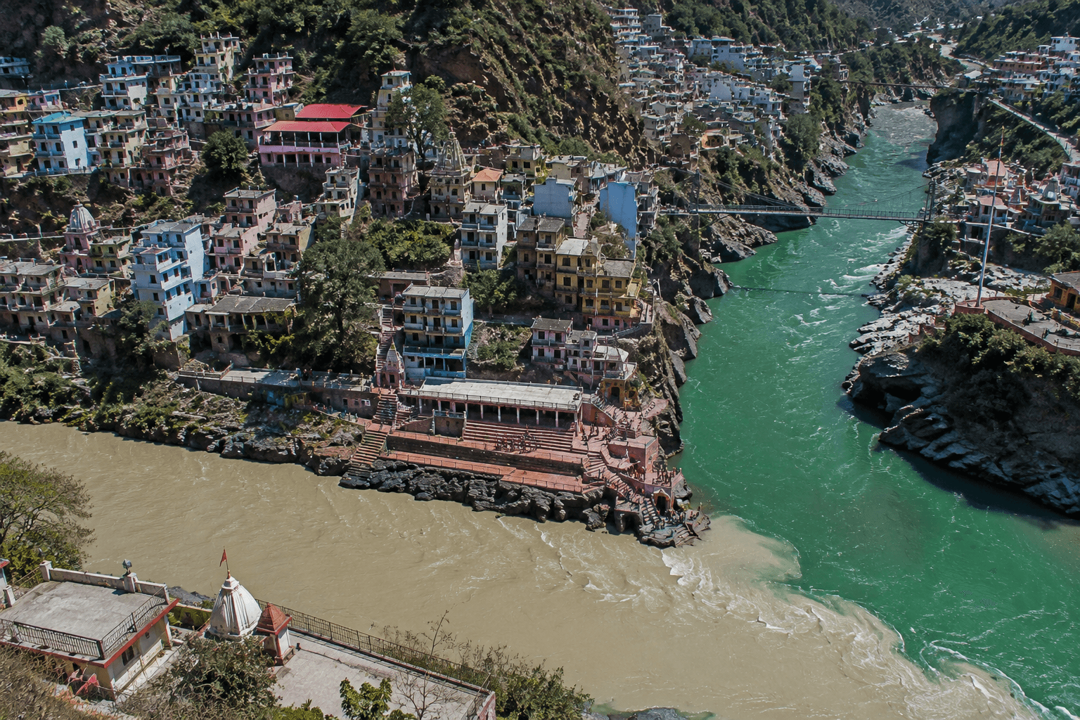 Aerial view of Devprayag Sangam where Alaknanda and Bhagirathi rivers merge to form the Ganga River.