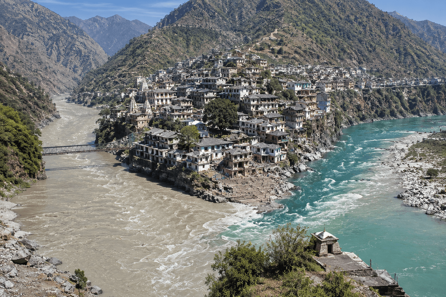 Historic Old Tehri town located at the confluence of Bhagirathi and Bhilangana rivers before submergence.