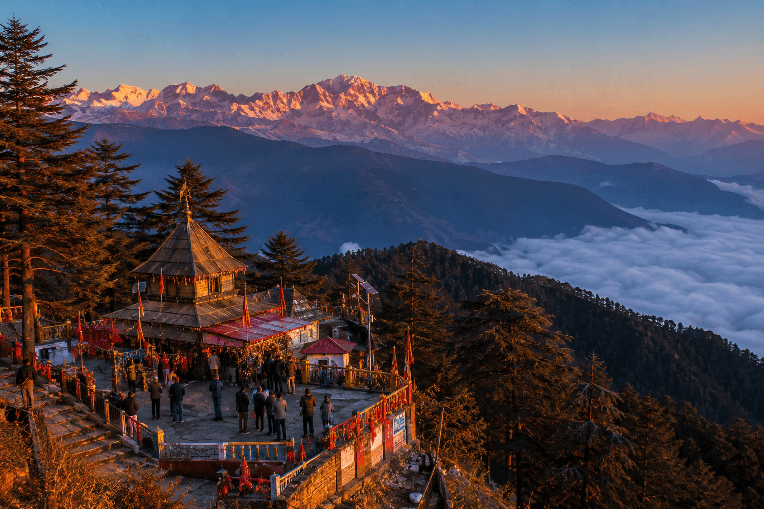 Surkanda Devi Temple surrounded by deodar forests with Nag Tibba Himalayan range at sunrise.