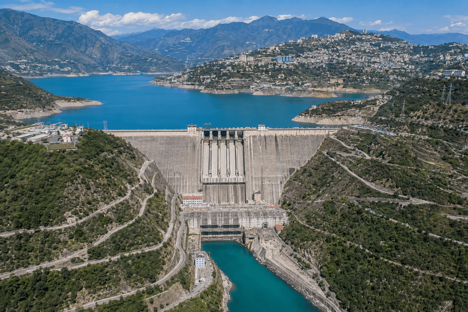 Giant Tehri Dam with blue reservoir and New Tehri city in the Himalayan region of Uttarakhand.